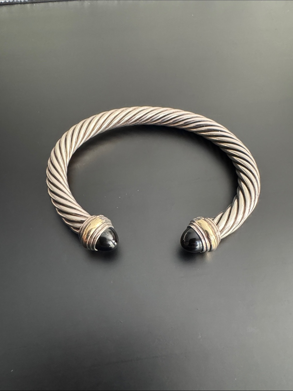 David Yurman Sterling Cable Cuff Bracelet with Black Onyx Cable Ends